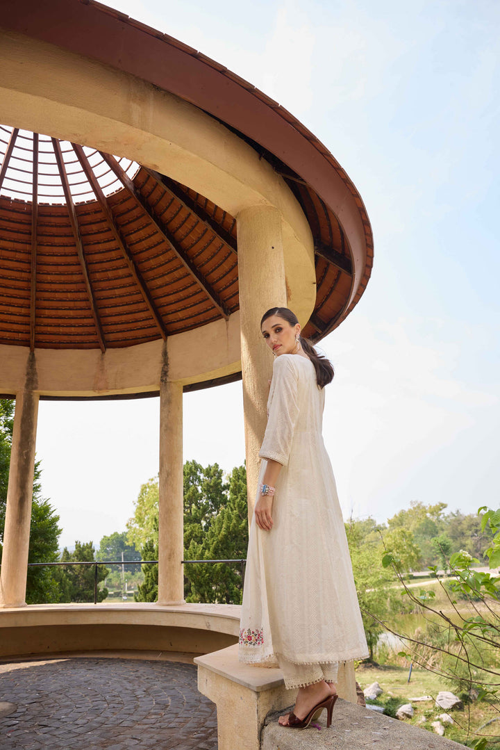 Neerus White Embroidered Anarkali Kurta and Trousers With Dupatta