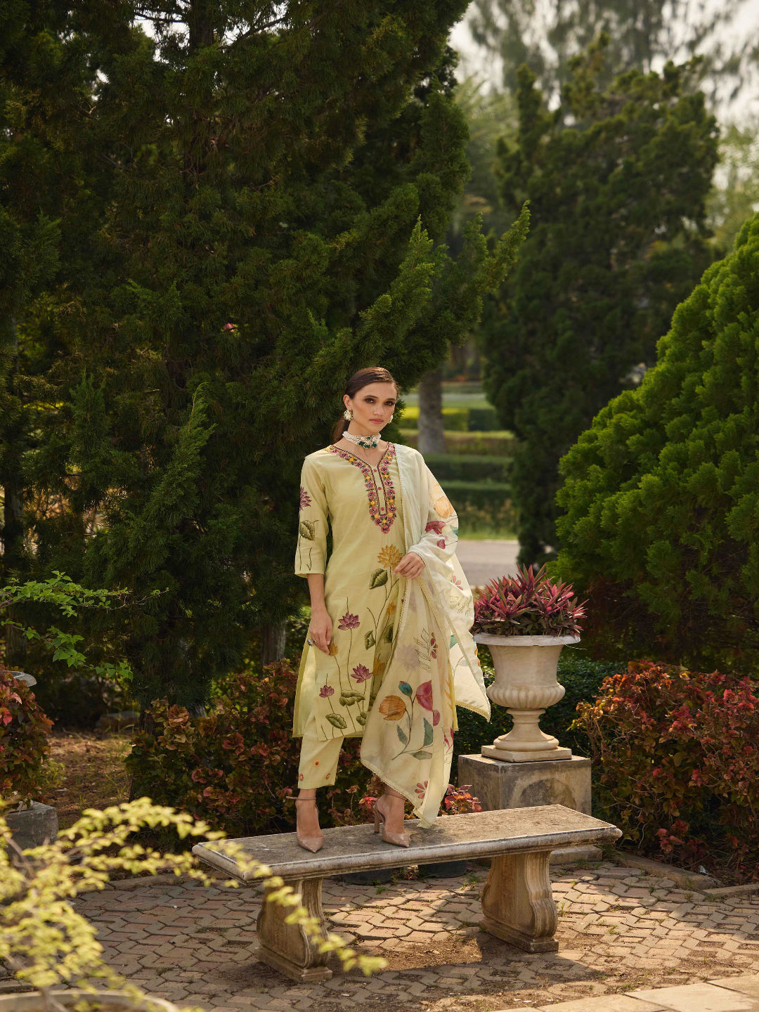 Neerus Pista Printed Straight Kurta and Trousers With Dupatta
