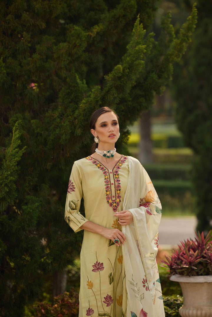 Neerus Pista Printed Straight Kurta and Trousers With Dupatta