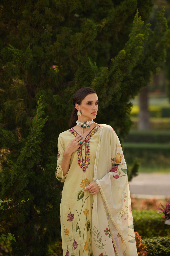 Neerus Pista Printed Straight Kurta and Trousers With Dupatta