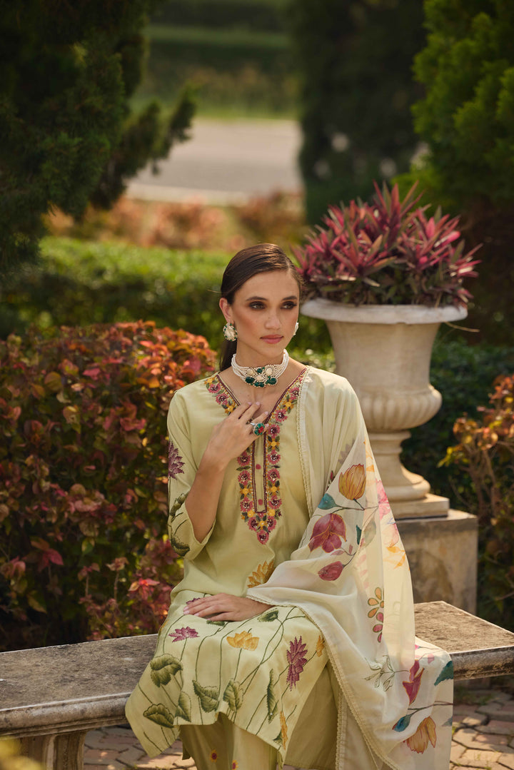 Neerus Pista Printed Straight Kurta and Trousers With Dupatta