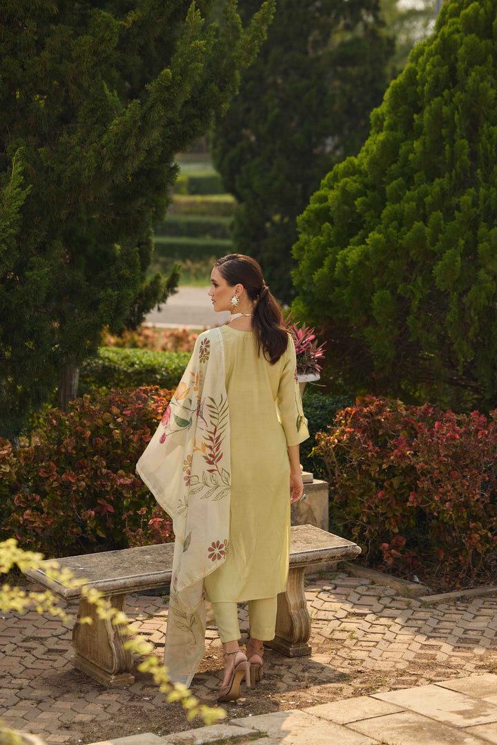 Neerus Pista Printed Straight Kurta and Trousers With Dupatta