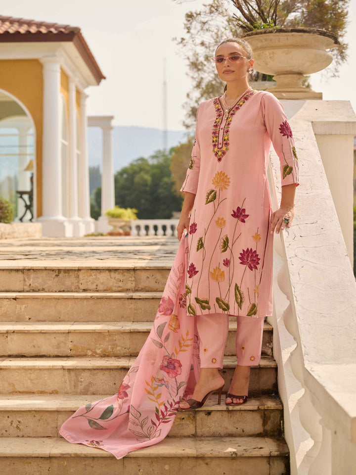 Neerus Pink Printed Straight Kurta and Trousers With Dupatta