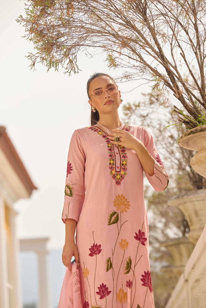 Neerus Pink Printed Straight Kurta and Trousers With Dupatta