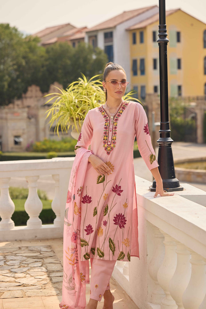 Neerus Pink Printed Straight Kurta and Trousers With Dupatta