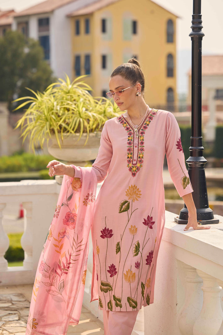 Neerus Pink Printed Straight Kurta and Trousers With Dupatta