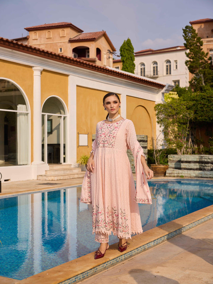 Neerus Pink Embroidered Anarkali Kurta and Trousers With Dupatta