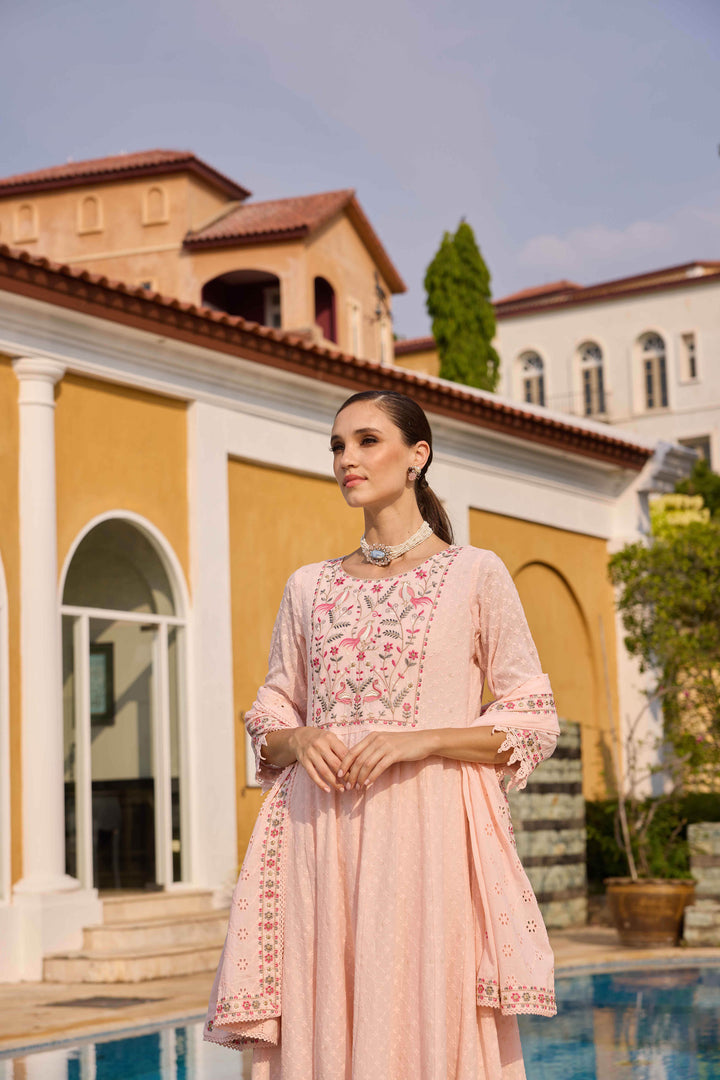 Neerus Pink Embroidered Anarkali Kurta and Trousers With Dupatta