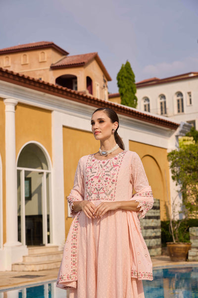 Neerus Pink Embroidered Anarkali Kurta and Trousers With Dupatta