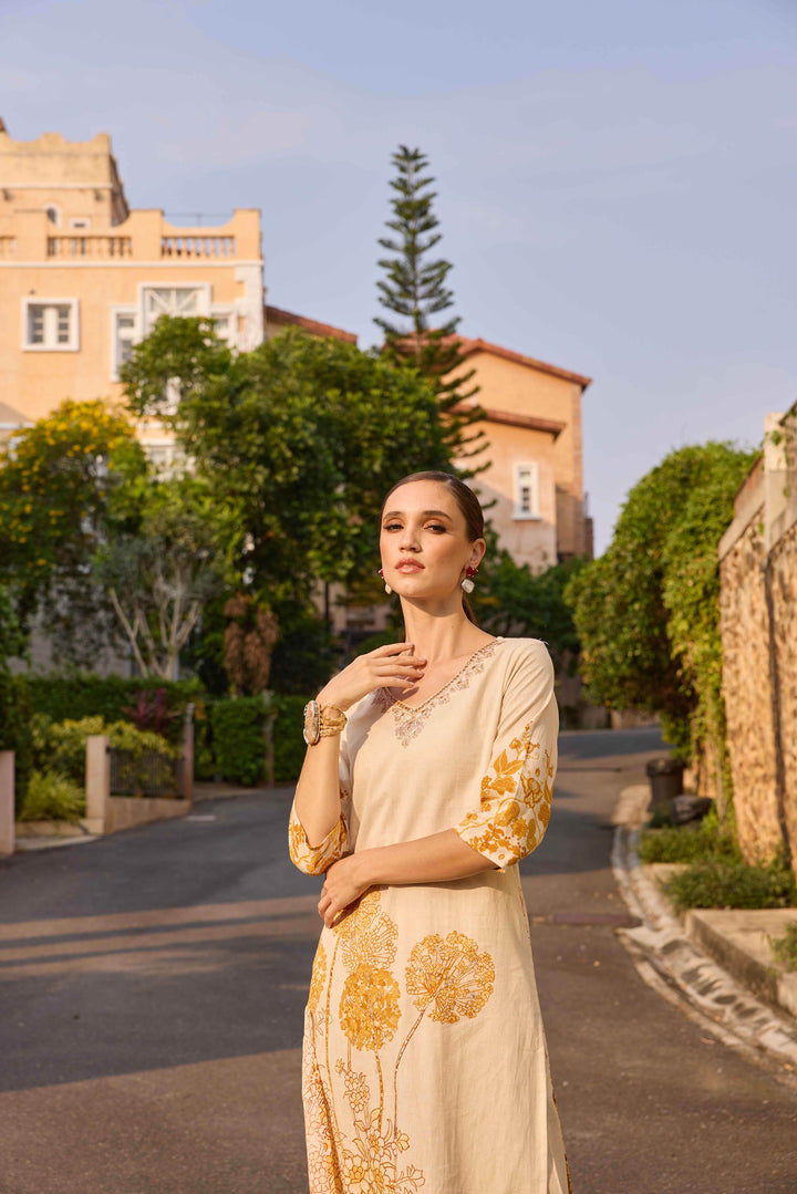 Neerus Gold Printed Straight Kurta and Palazzos