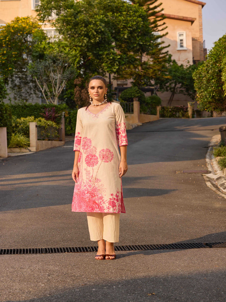 Neerus Pink Printed Straight Kurta and Palazzos