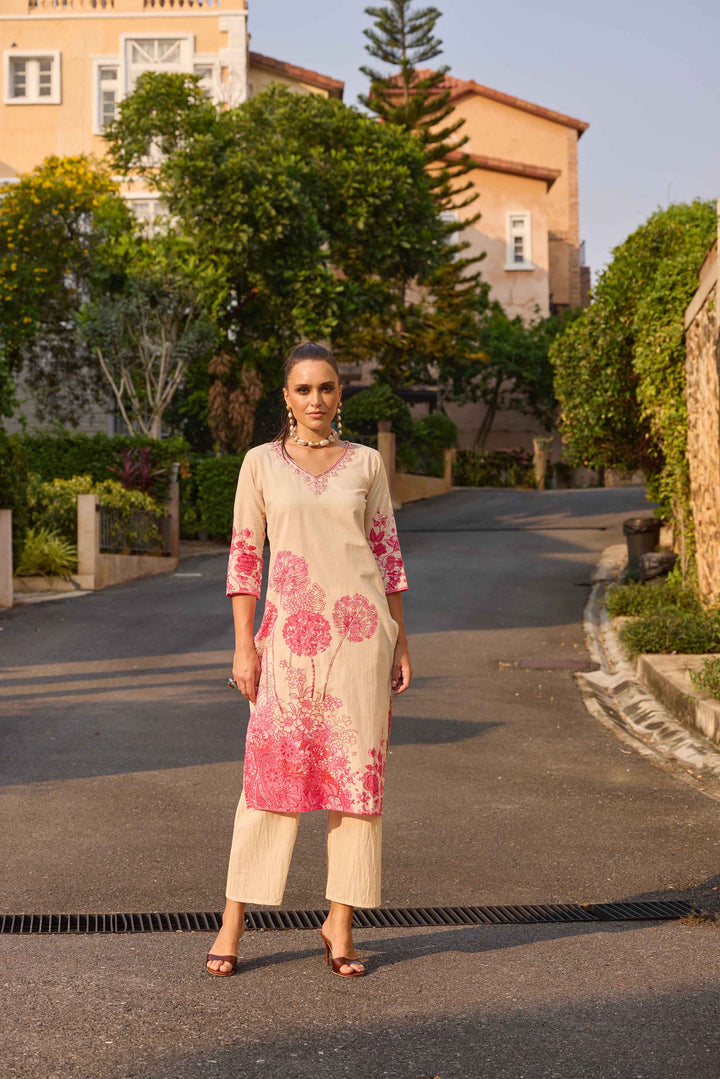 Neerus Pink Printed Straight Kurta and Palazzos