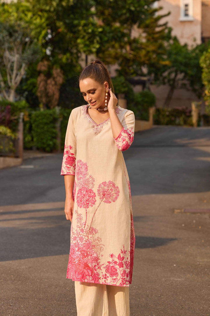 Neerus Pink Printed Straight Kurta and Palazzos
