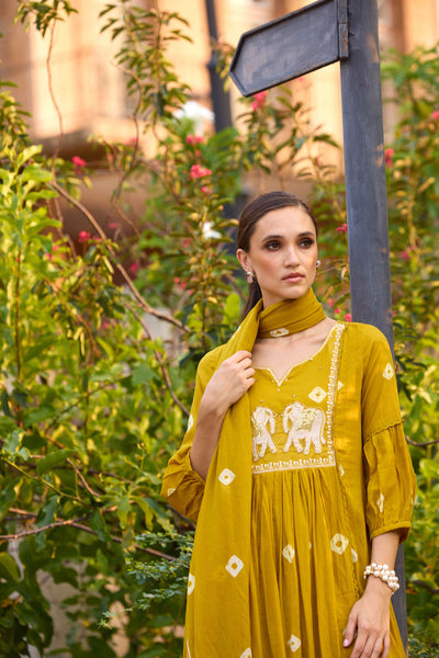Neerus M Green Solid Anarkali Kurta and Trousers With Dupatta