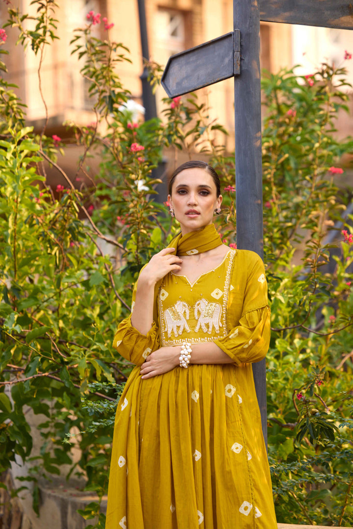 Neerus Green cotton solid anarkali suit set - detail view 1