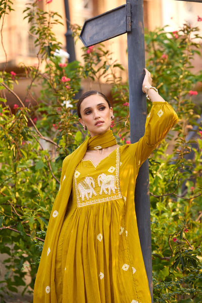 Neerus M Green Solid Anarkali Kurta and Trousers With Dupatta