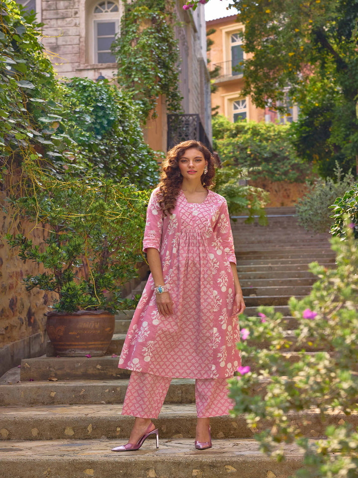 Neerus Pink Printed Straight Kurta and Trousers