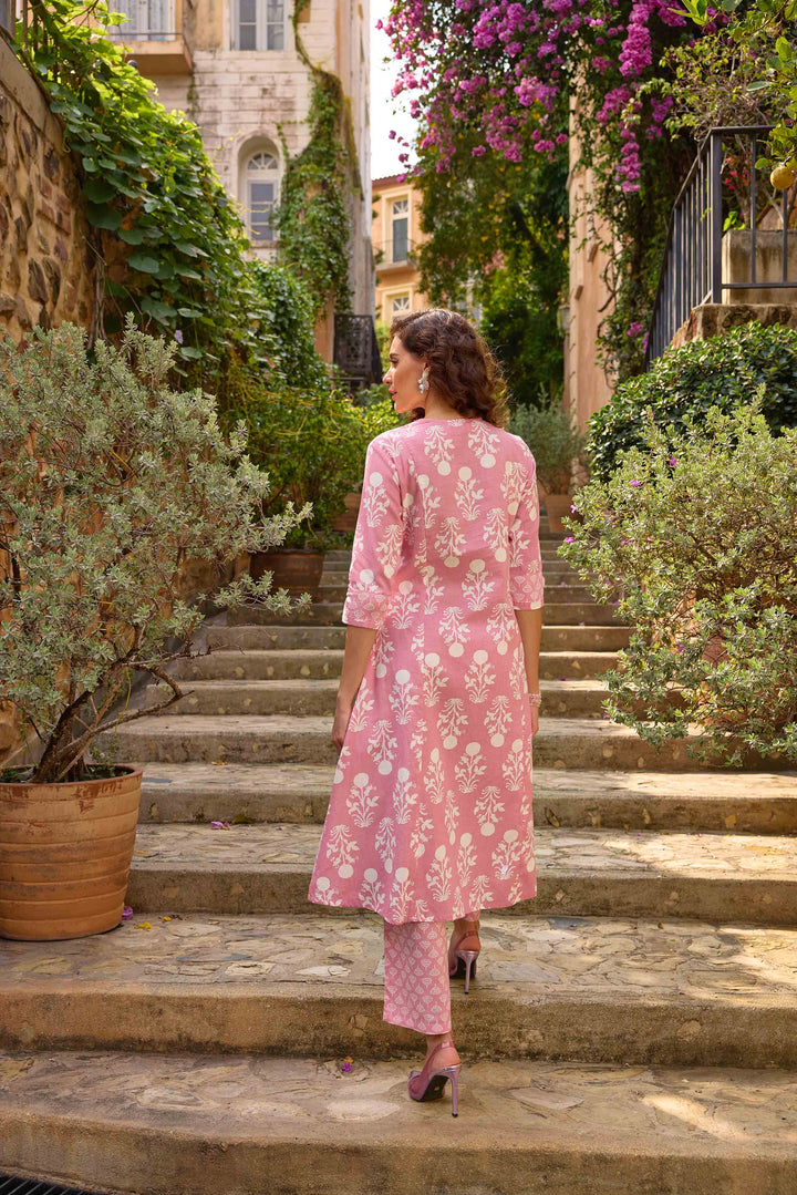 Neerus Pink Printed Straight Kurta and Trousers