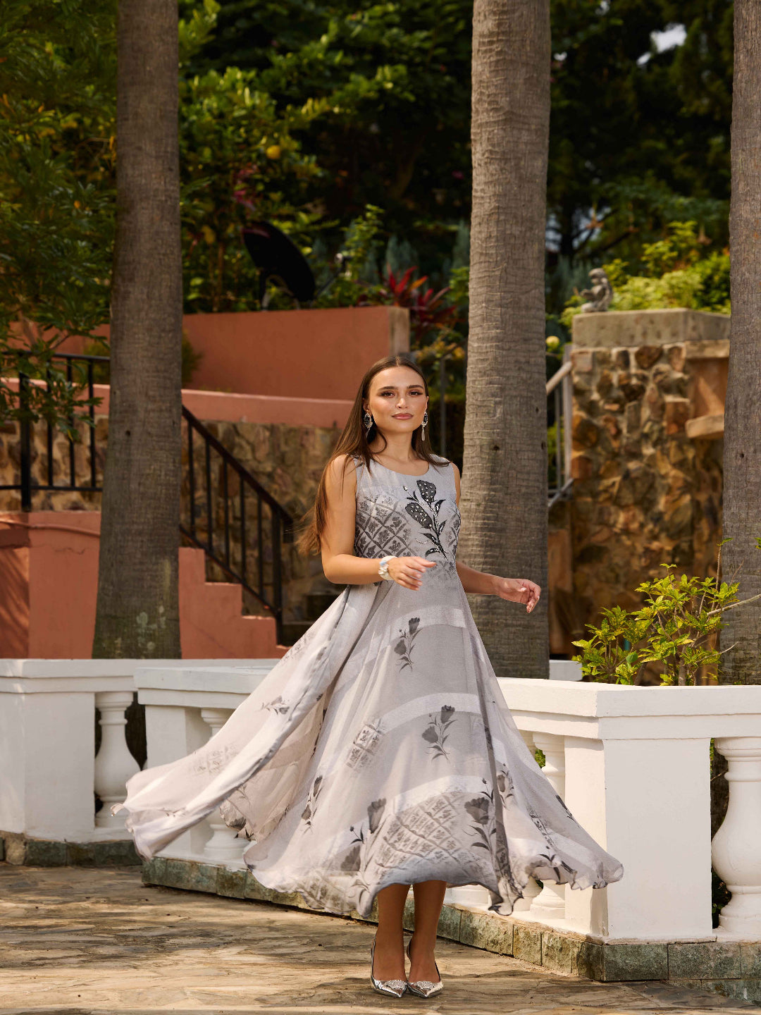 Printed Dress Smart Grey Dress Neerus Grey Casual Maxi Printed