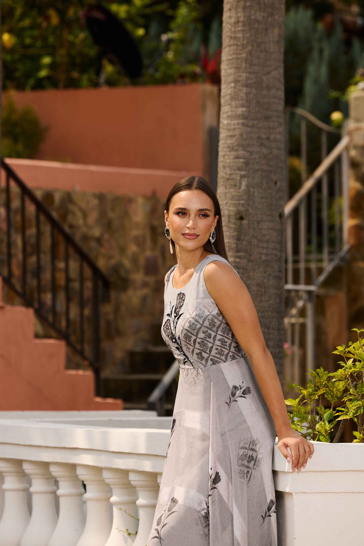 Neerus Grey Casual Maxi Printed Dresses