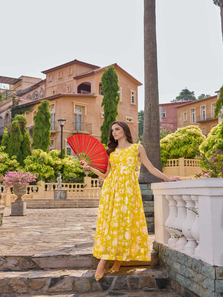 Neerus Yellow Casual Maxi Floral Dresses