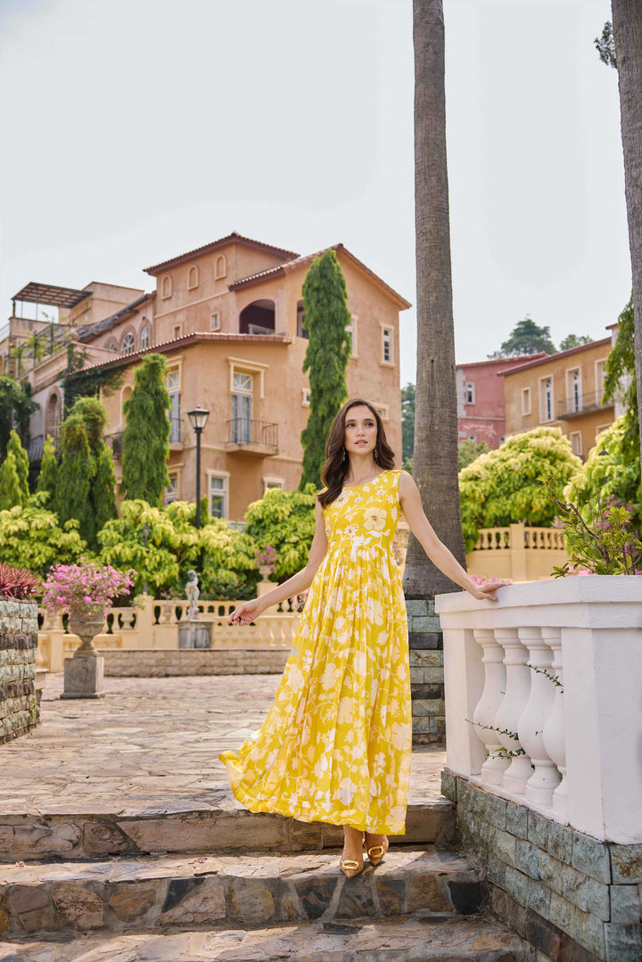 Neerus Yellow Casual Maxi Floral Dresses