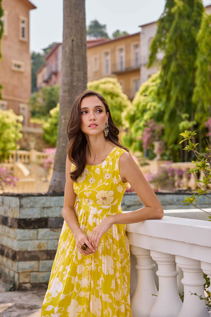 Neerus Yellow Casual Maxi Floral Dresses