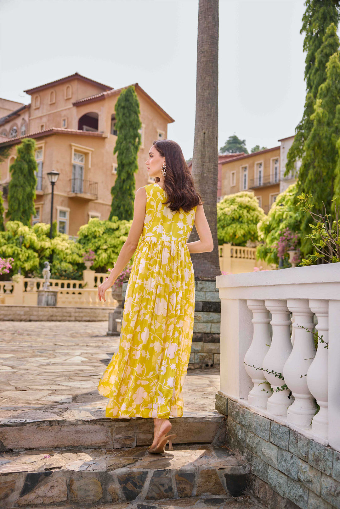 Neerus Yellow Floral Printed Georgette Maxi Dress for Casual Women – Neerus India