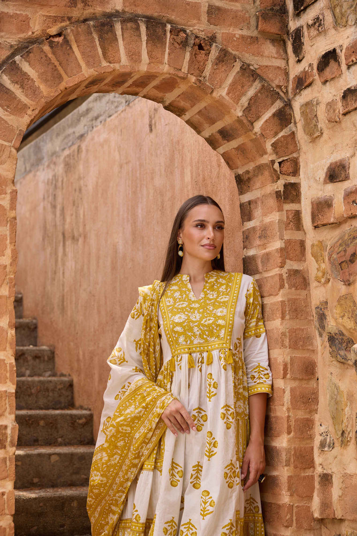 Neerus M Green Printed Anarkali Kurta and Trousers With Dupatta