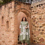 Neerus Olive Printed Anarkali Kurta and Trousers With Dupatta