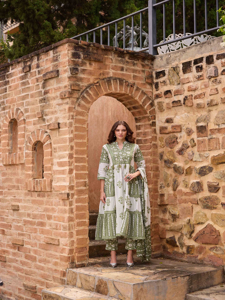 Neerus Olive Printed Anarkali Kurta and Trousers With Dupatta