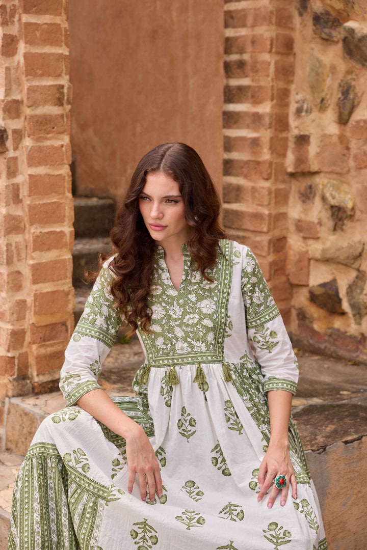 Neerus Olive Printed Anarkali Kurta and Trousers With Dupatta