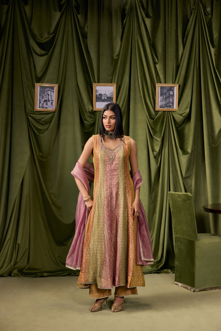 Multicolor Tissue Zari Striped Buti Weaved Three Piece Set