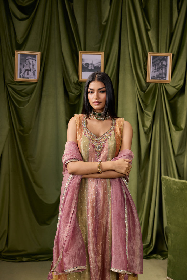 Multicolor Tissue Zari Striped Buti Weaved Three Piece Set