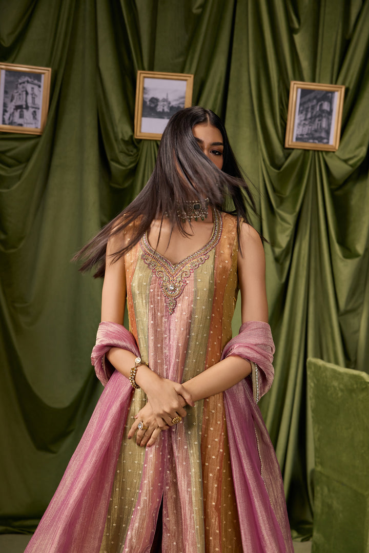 Multicolor Tissue Zari Striped Buti Weaved Three Piece Set