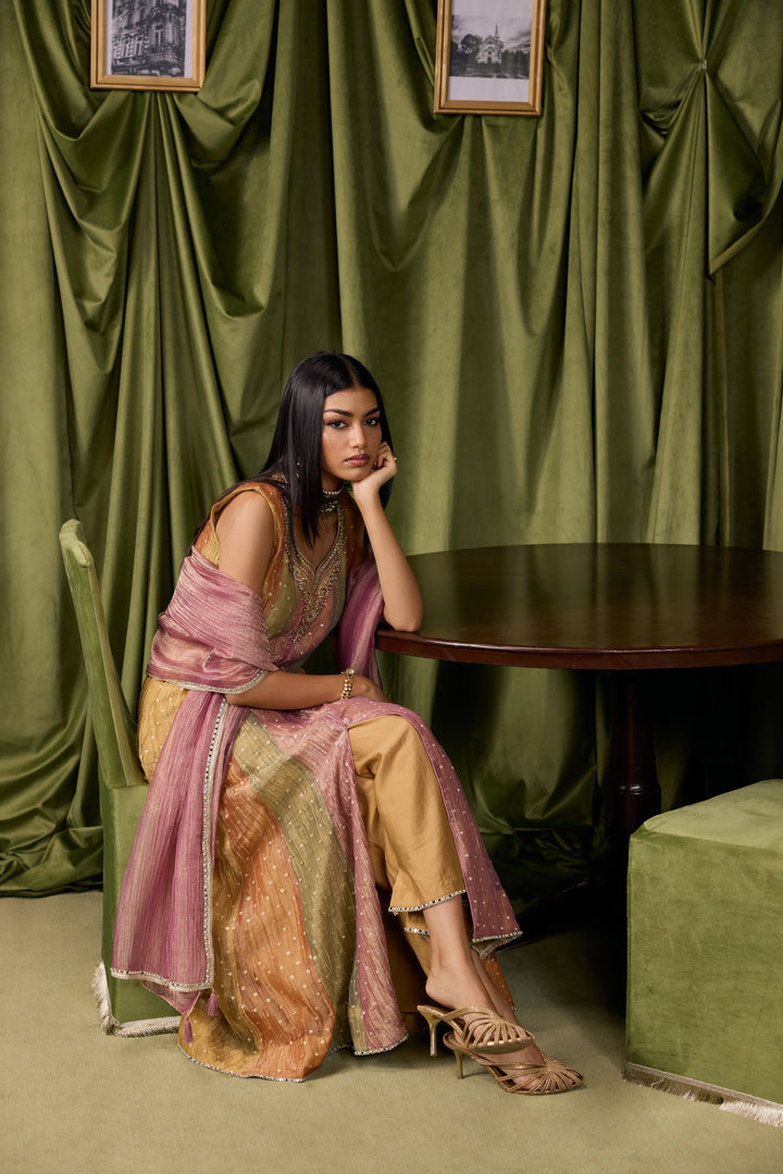 Multicolor Tissue Zari Striped Buti Weaved Three Piece Set