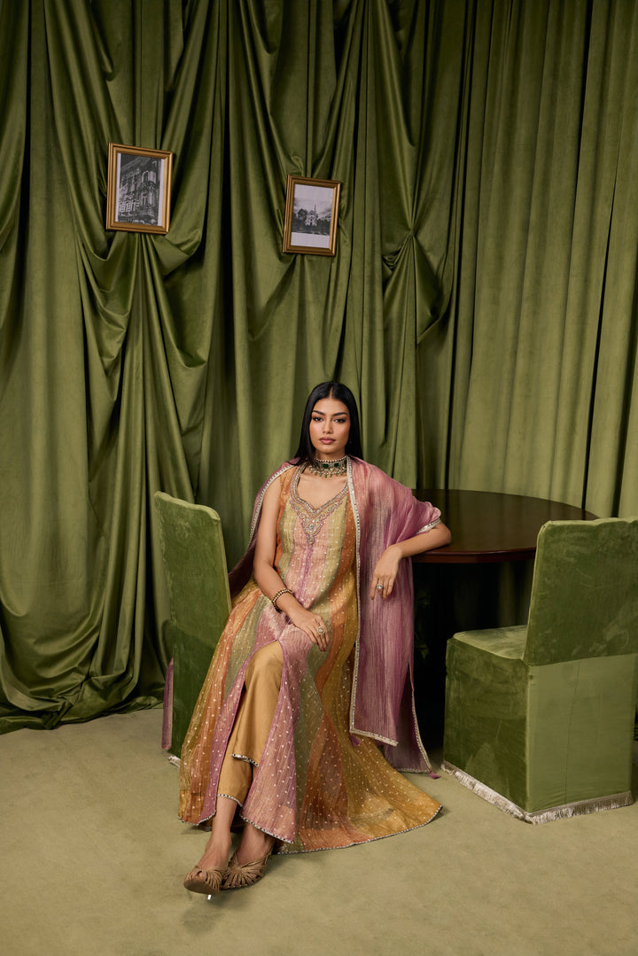 Multicolor Tissue Zari Striped Buti Weaved Three Piece Set