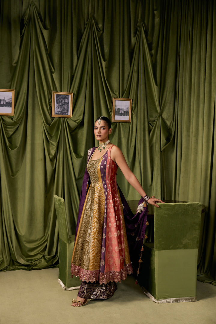 Purple Silk Ethnic Printed Three Piece Set