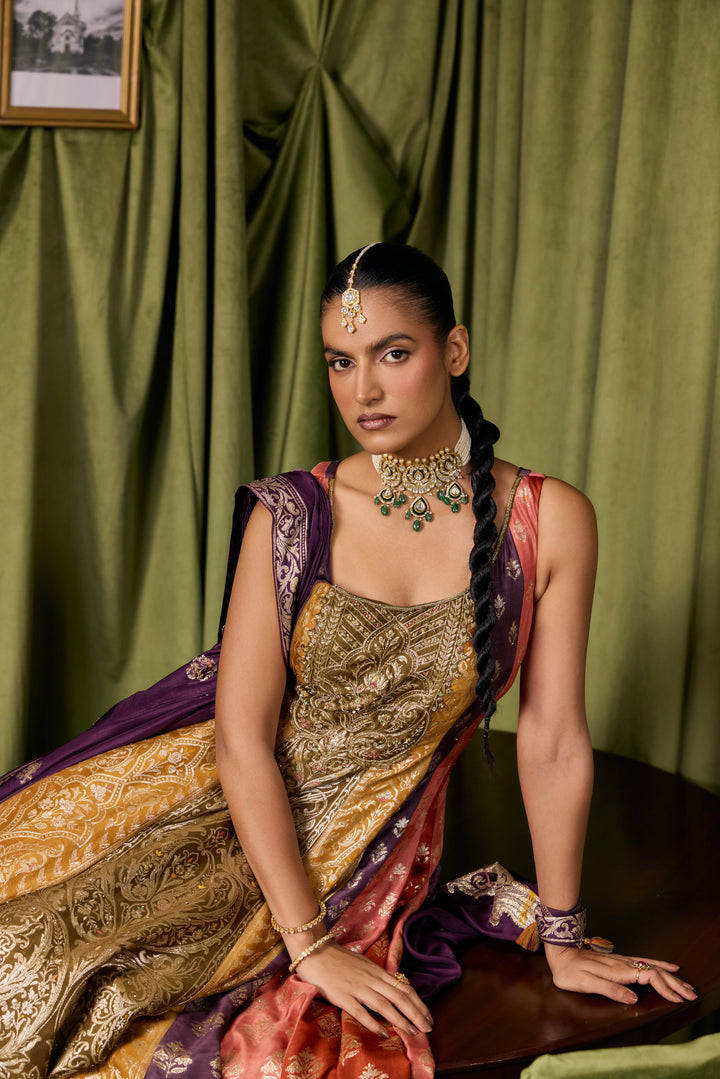 Purple Silk Ethnic Printed Three Piece Set