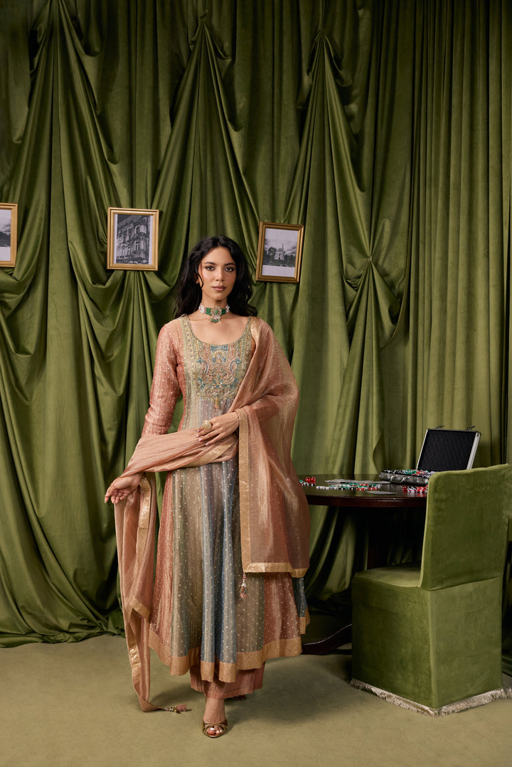 Multicolor Tissue Zari Buti Printed Three Piece Set