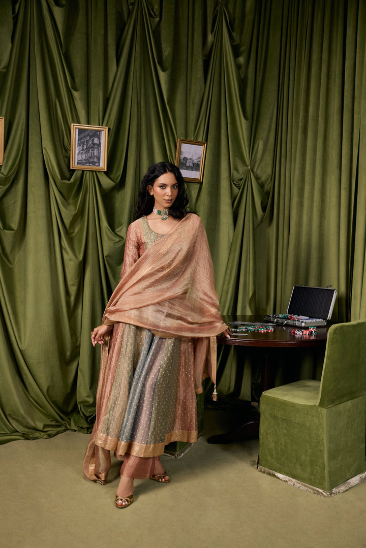 Multicolor Tissue Zari Buti Printed Three Piece Set