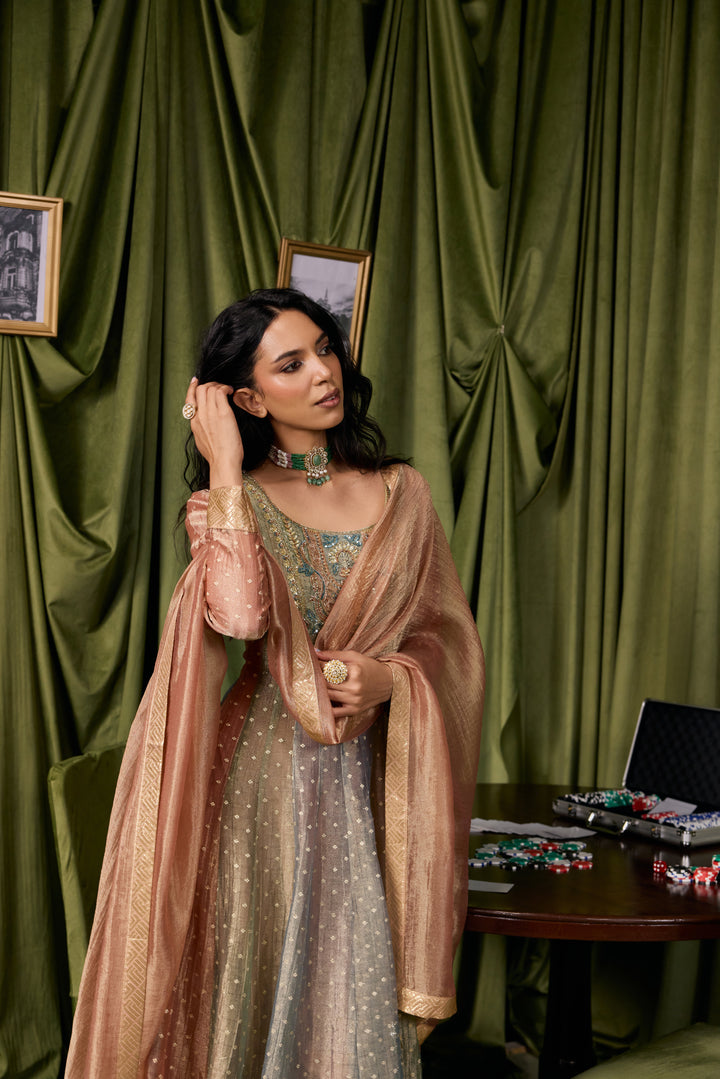 Multicolor Tissue Zari Buti Printed Three Piece Set