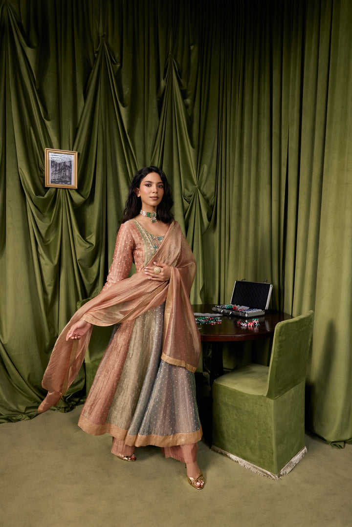 Multicolor Tissue Zari Buti Printed Three Piece Set