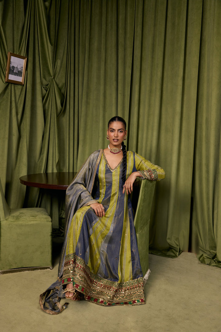 Parrot Green Tissue Solid With Zari Embroidered Three Piece Set