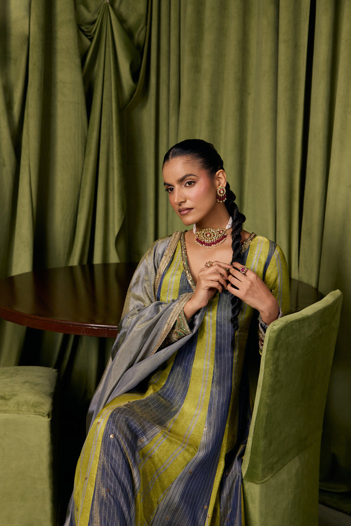 Parrot Green Tissue Solid With Zari Embroidered Three Piece Set