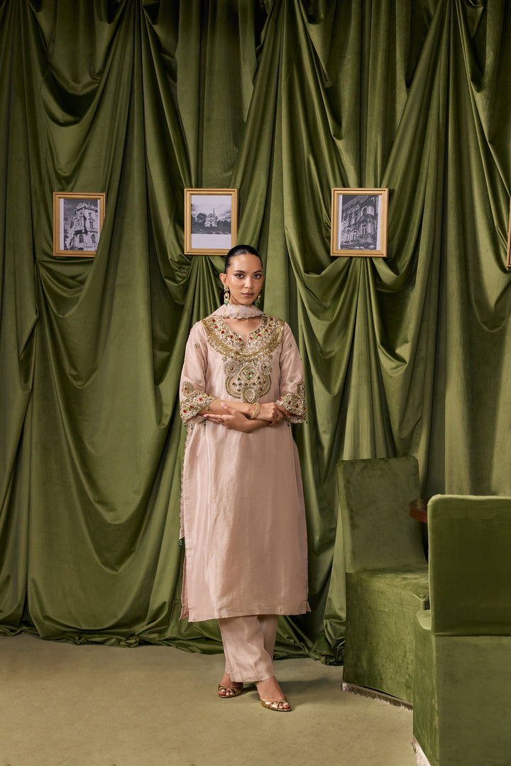 Beige Tissue Solid With Embroidered Three Piece Set