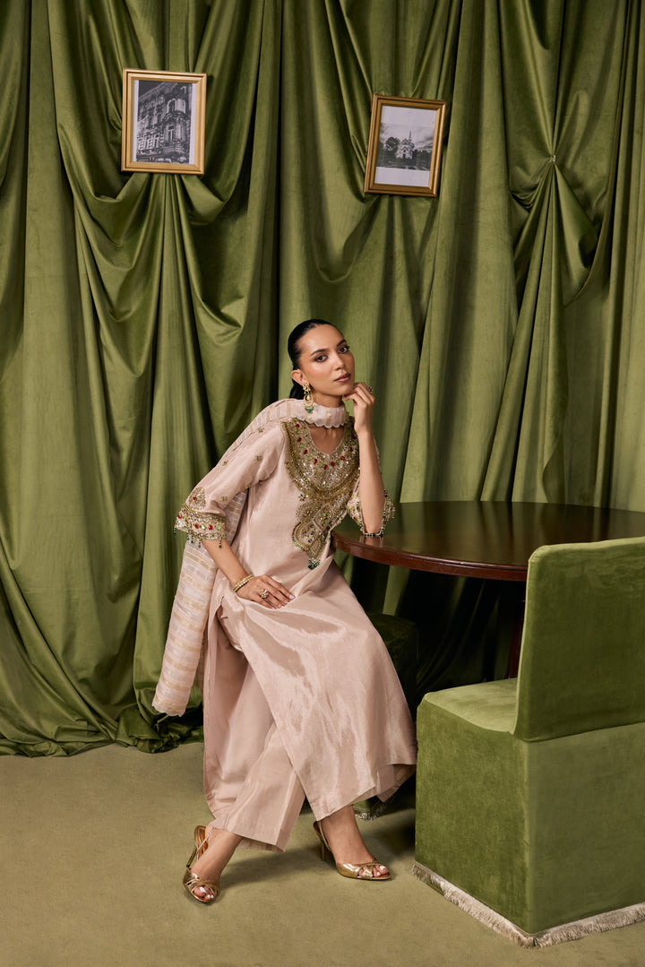 Beige Tissue Solid With Embroidered Three Piece Set