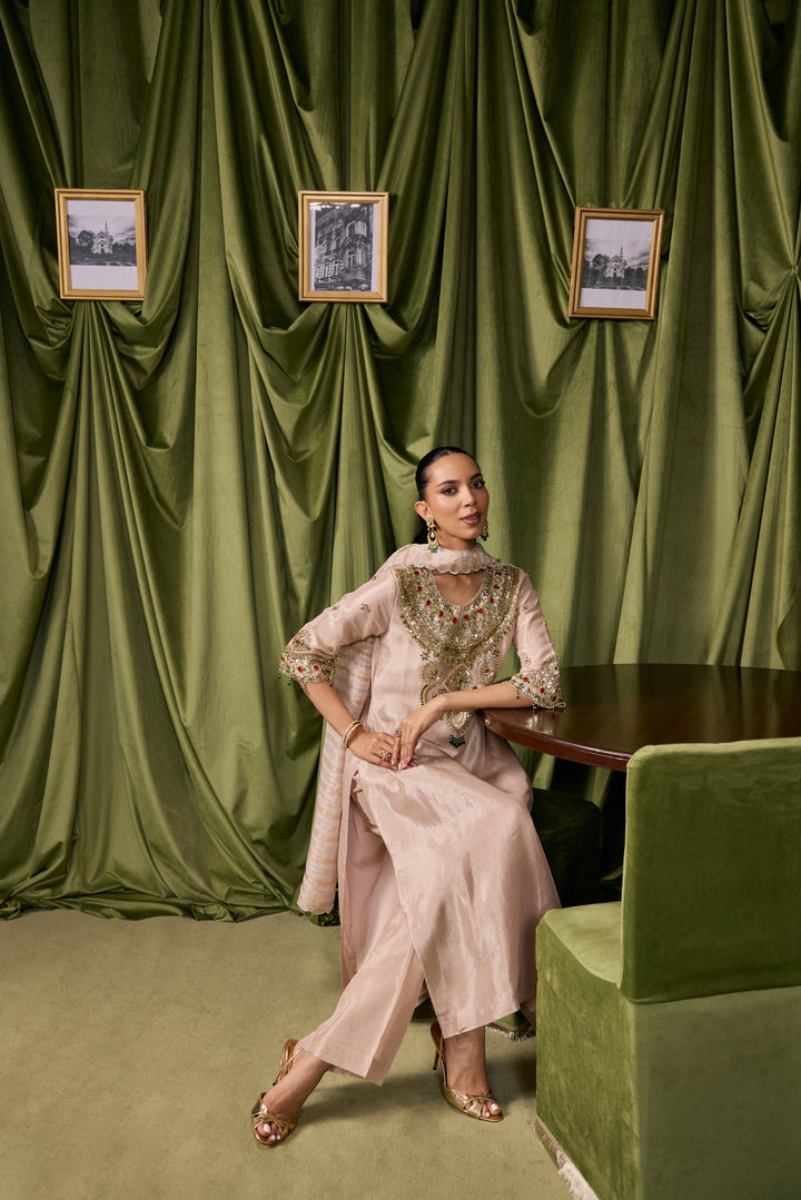 Beige Tissue Solid With Embroidered Three Piece Set