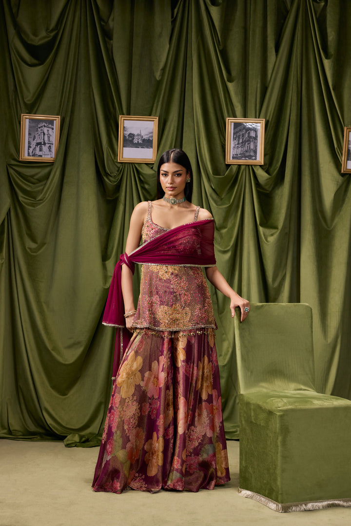 Wine Tissue Big Floral Printed And Embroidered Three Piece Set