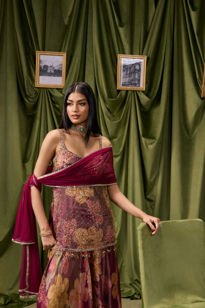 Wine Tissue Big Floral Printed And Embroidered Three Piece Set